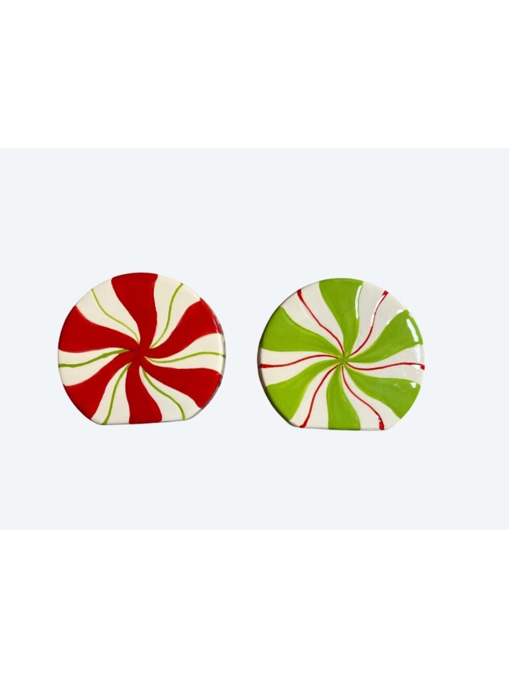 Peppermint Themed Ceramic Salt and Pepper Shakers Red and Green Spiral Design